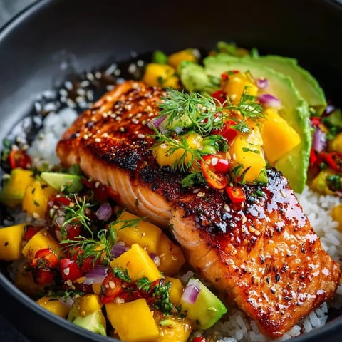 Un bol de comida con pescado y arroz.