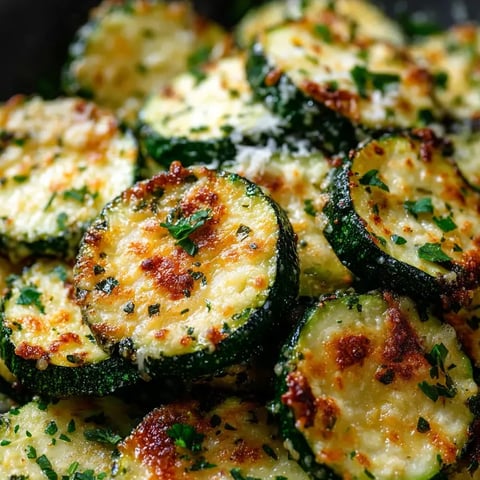 Un plato con zucchini asado, queso y hierbas.