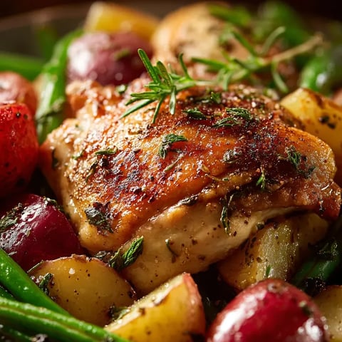 Un plato con pollo, patatas y judías verdes.
