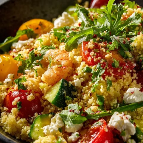 Un tazón con tomates, pepino y camarones.