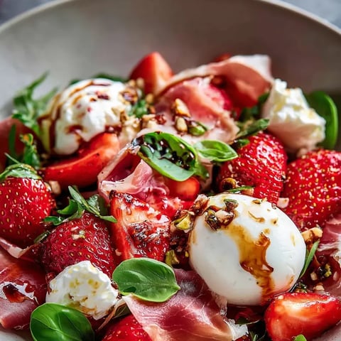 Un plato con fresas, jamón y queso.