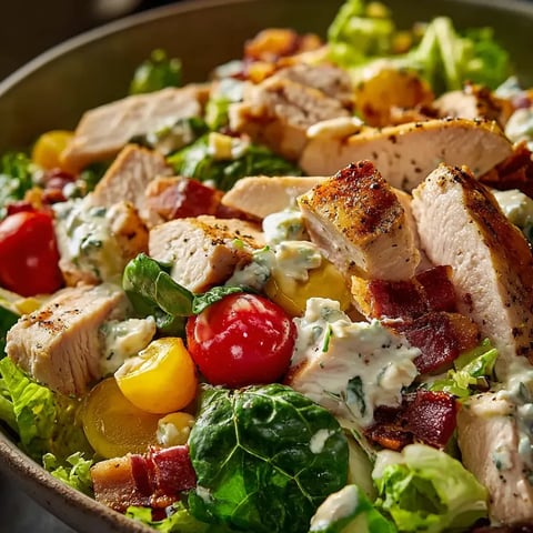 Ensaladera con pollo, tomates, lechuga y queso azul.