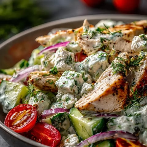Un bol con ensalada de pollo, tomates, pepinos y cebolla.