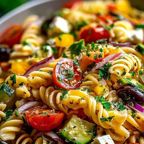 Un cuenco de pasta con tomates, pepinos y queso.