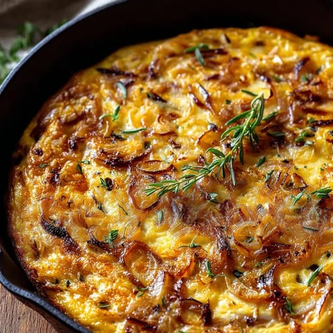 Sartén con cebolla y hierbas frescas.