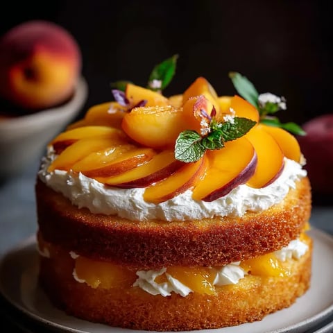 Un pastel con melocotón y nata montada encima.