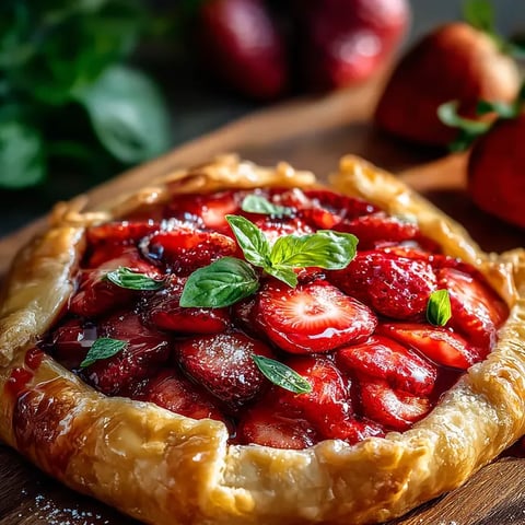 Una tarta con fresas y hojas verdes.
