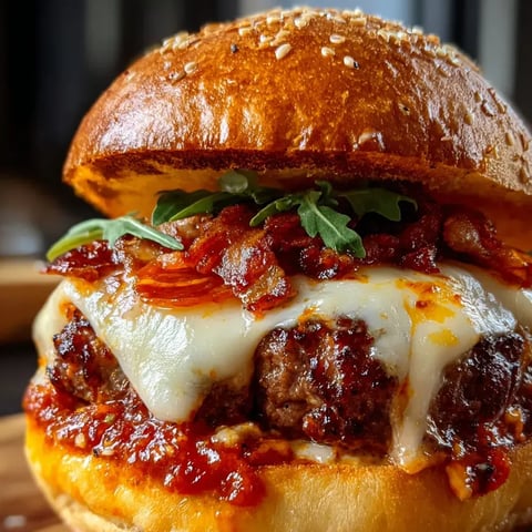 Hamburguesa vista de cerca con queso y bacon.