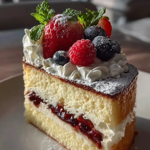 Una porción de pastel con frutillas y arándanos arriba.