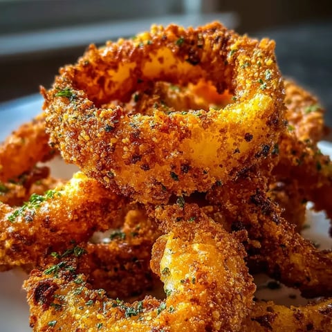 Un plato con aros de cebolla fritos.