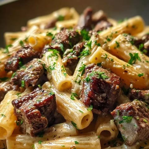 Un plato de pasta con carne y hierbas.
