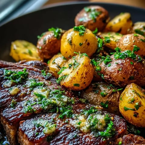 Un plato con carne y papas.