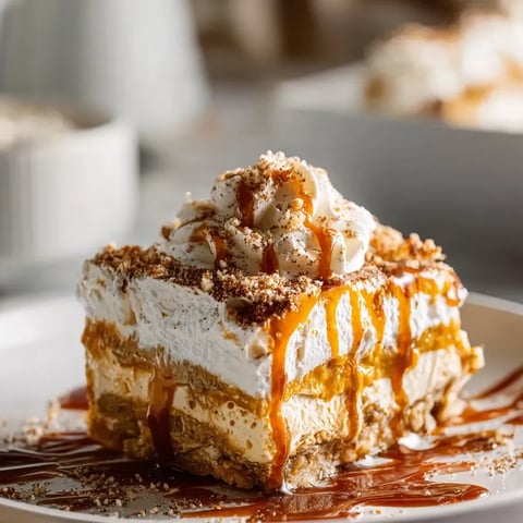 Porción de pastel con salsa de caramelo por encima.