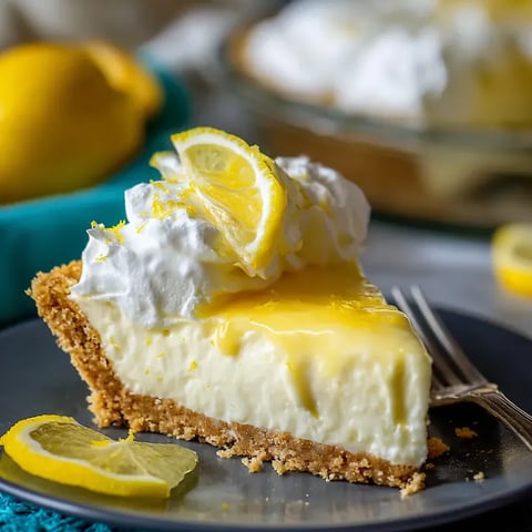 Una porción de tarta de queso con limón y una rodaja a un lado.