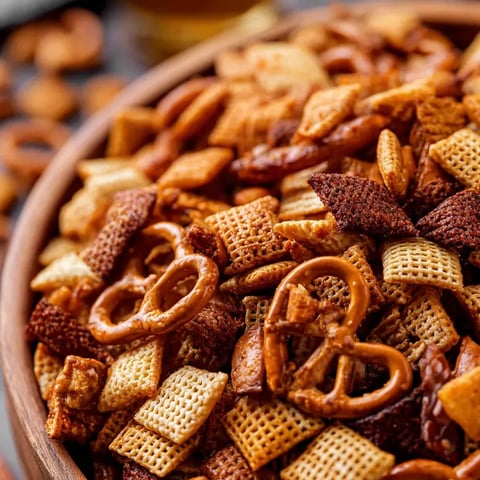 Un tazón con botanas de pretzels y galletitas.