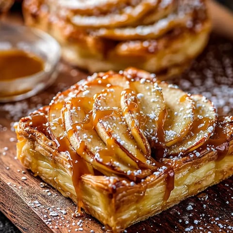 Un postre de hojaldre con caramelo encima.