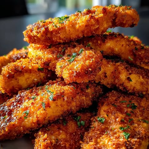 Un plato con tiras de pollo fritas.
