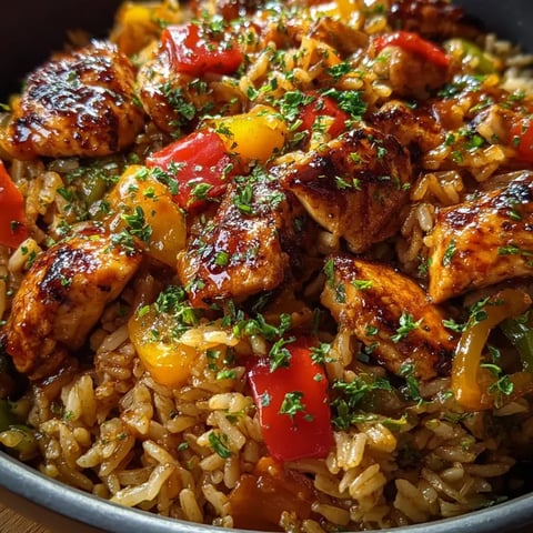 Un plato de arroz con pollo y pimientos.