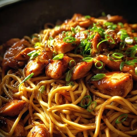 Un plato de fideos con pollo y verduras.