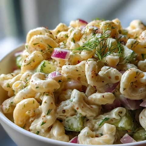 Un bol de ensalada de pasta con cebolla morada.