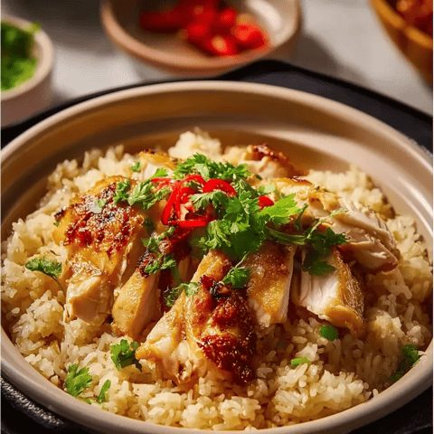 Un guiso de frijoles con pollo asado y cebollas.