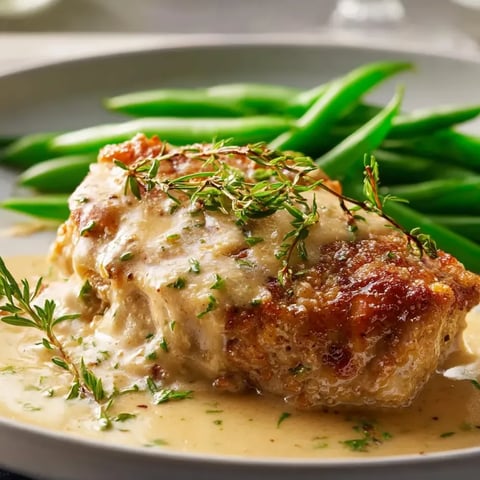 Un plato con pollo tierno, acompañado de judías verdes y hierbas frescas.