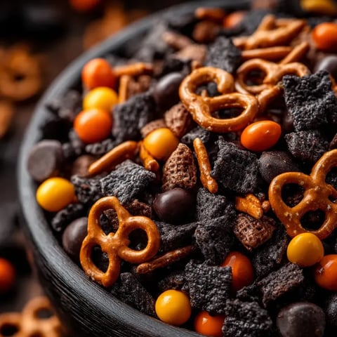 Bol de mezcla con chispas de chocolate, pretzels en trocitos, nueces y chocolate.