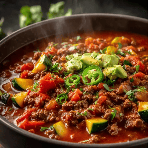 Un tazón negro con mezcla de papas, cebollas, tomates, aguacate y calabacín.