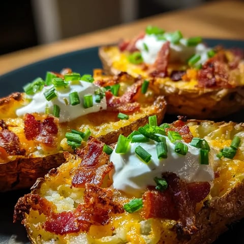 Una bandeja con tres papas rellenas, decoradas con mayonesa y cebollines verdes.