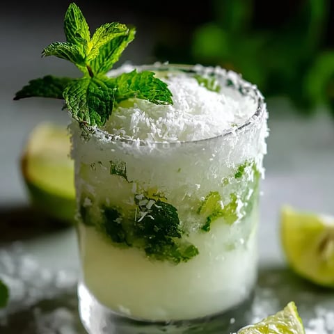 Un vaso con menta, lima y otros ingredientes mezclados con agua y hielo.