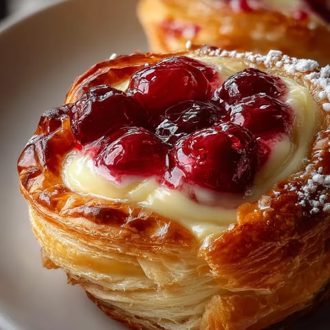 Una galleta blanca con capa de queso fresco y cerezas rojas encima.