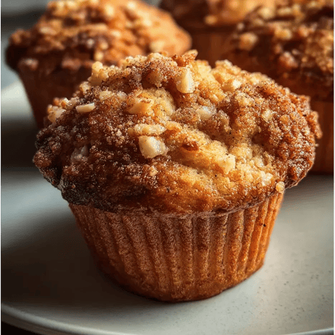 Un muffin cubierto con azúcar y nueces en un plato.