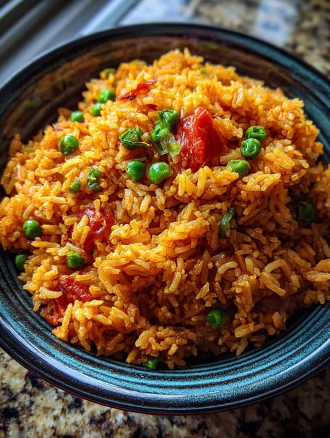 Una olla grande llena de arroz con jitomates.