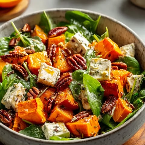 Un bol grande de metal lleno de verduras frescas mezcladas, con nueces, naranja y calabaza.