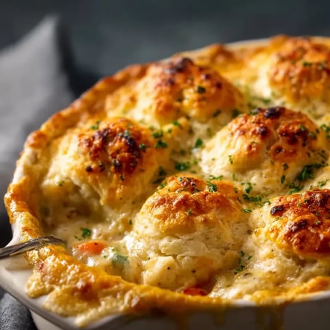 Un plato blanco con cazuela de pollo, zanahorias y cebollitas gratinadas con queso.