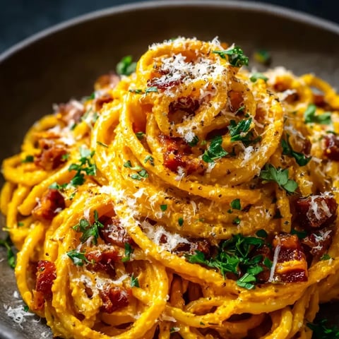 Un bol con pasta, trozos de panceta y queso parmesano.