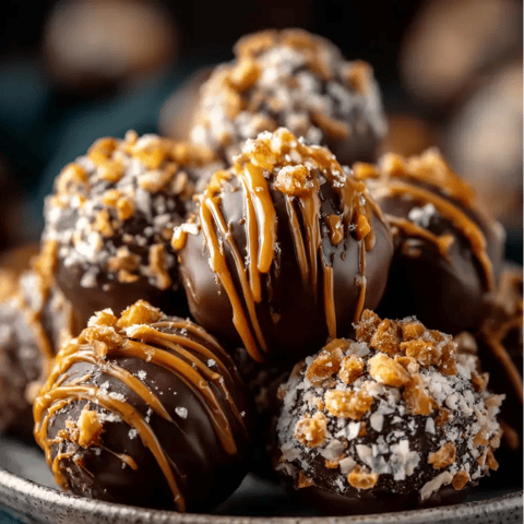 Un plato con bolitas de chocolate cubiertas con escamas de nuez y glaseado de chocolate.
