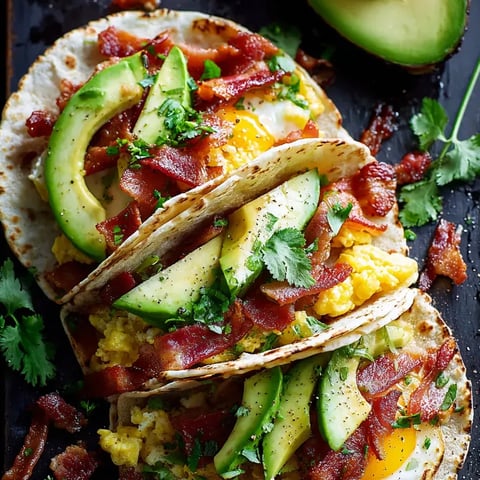 Un par de tacos con bacon y aguacate en la mesa.