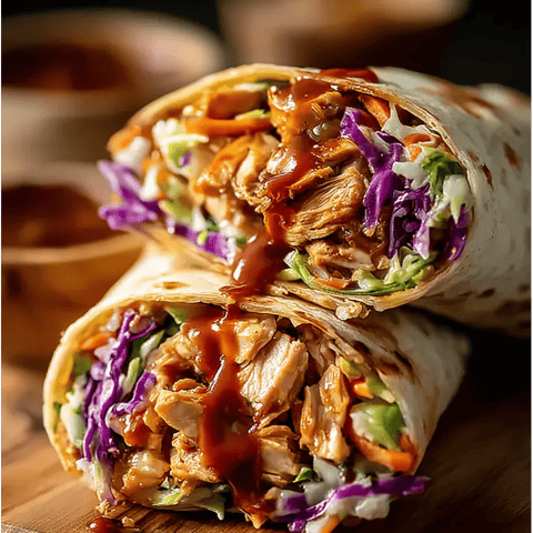 Un wrap con salsa en una tabla de madera.