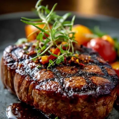Un trozo de steak servido con perejil y tomates en un plato.