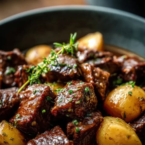 Olla con carne, cebolla y papas listas para servir.