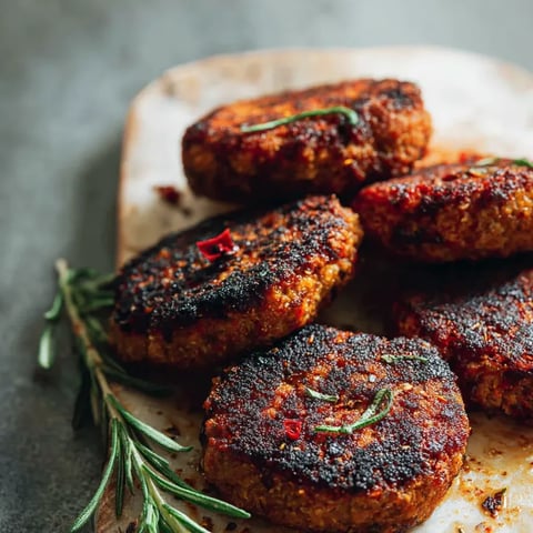 Un plato con patties dorados de tempeh, decorados con cebolla y albahaca.