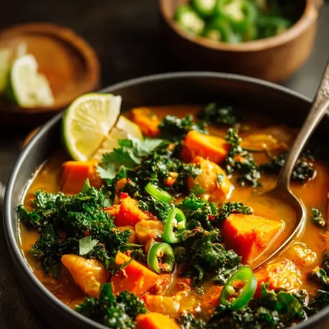Un bowl con verduras varias, incluyendo kale, pimientos, cebolla y sopa cremosa.