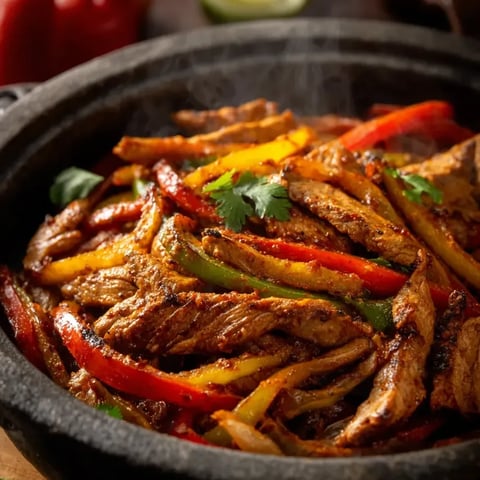 Una olla negra llena con pollo, pimientos, cebollas y tomates.