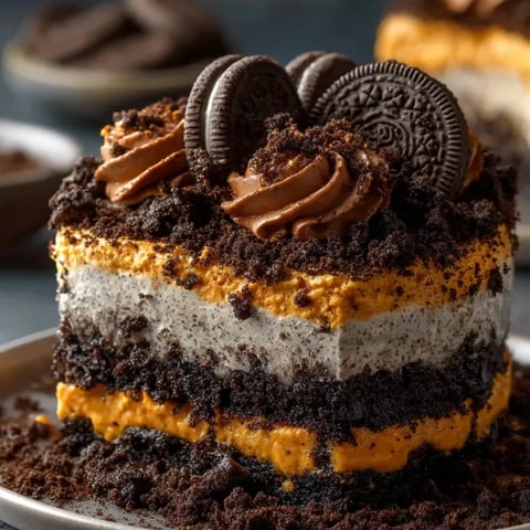 Un postre de Oreo con salsa de chocolate y chispas servido en una fuente.