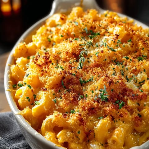 Un plato blanco con macarrones al queso y calabaza.