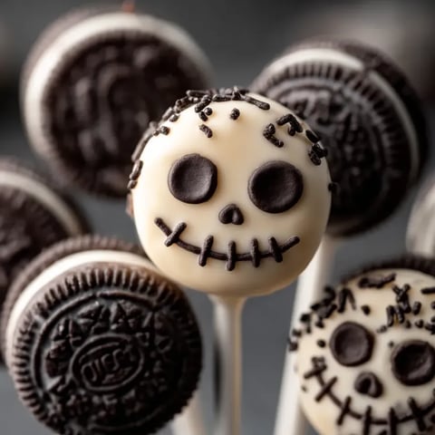 Una bolita Oreo cubierta de chocolate blanco y decorada como carita de calavera.