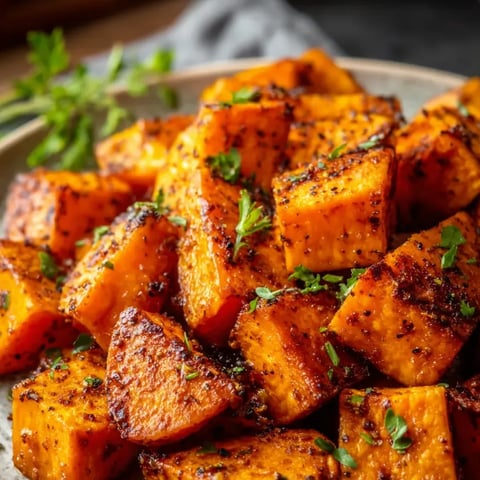 Cuenco con trozos de batata rojiza aliñados con especias.