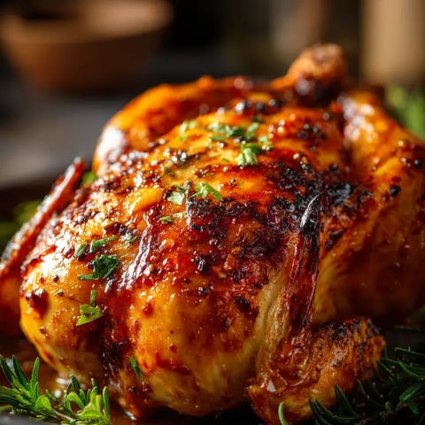 Un pollo entero jugoso y especiado servido en un plato con especias al lado.