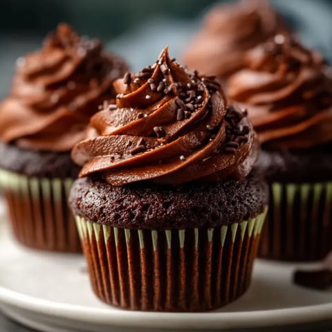 Dos cupcakes con chocolate y cobertura en plato blanco.